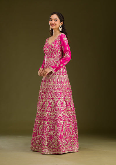 Rani Pink Zariwork Semi Crepe Readymade Salwar Suit