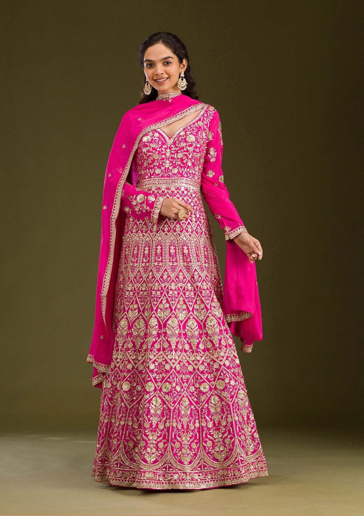 Rani Pink Zariwork Semi Crepe Readymade Salwar Suit