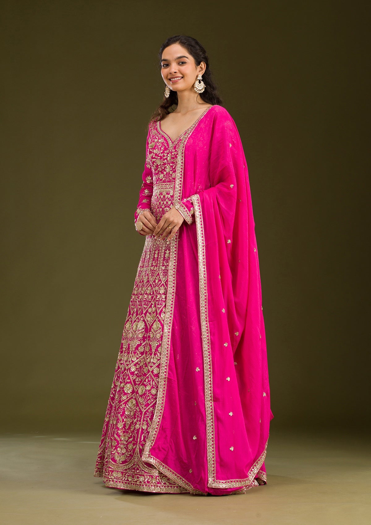 Rani Pink Zariwork Semi Crepe Readymade Salwar Suit