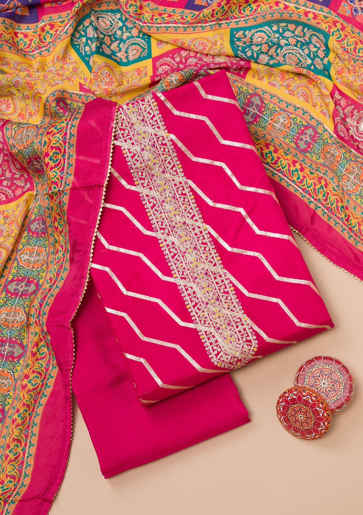 Rani Pink Zariwork Semi Crepe Unstitched Salwar Suit-Koskii