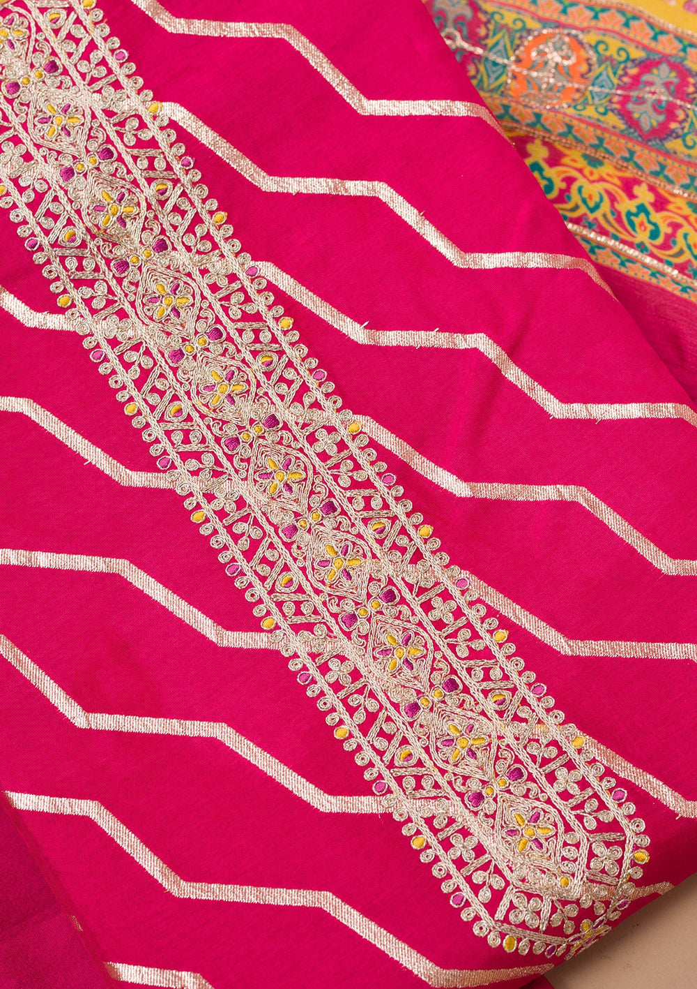 Rani Pink Zariwork Semi Crepe Unstitched Salwar Suit-Koskii