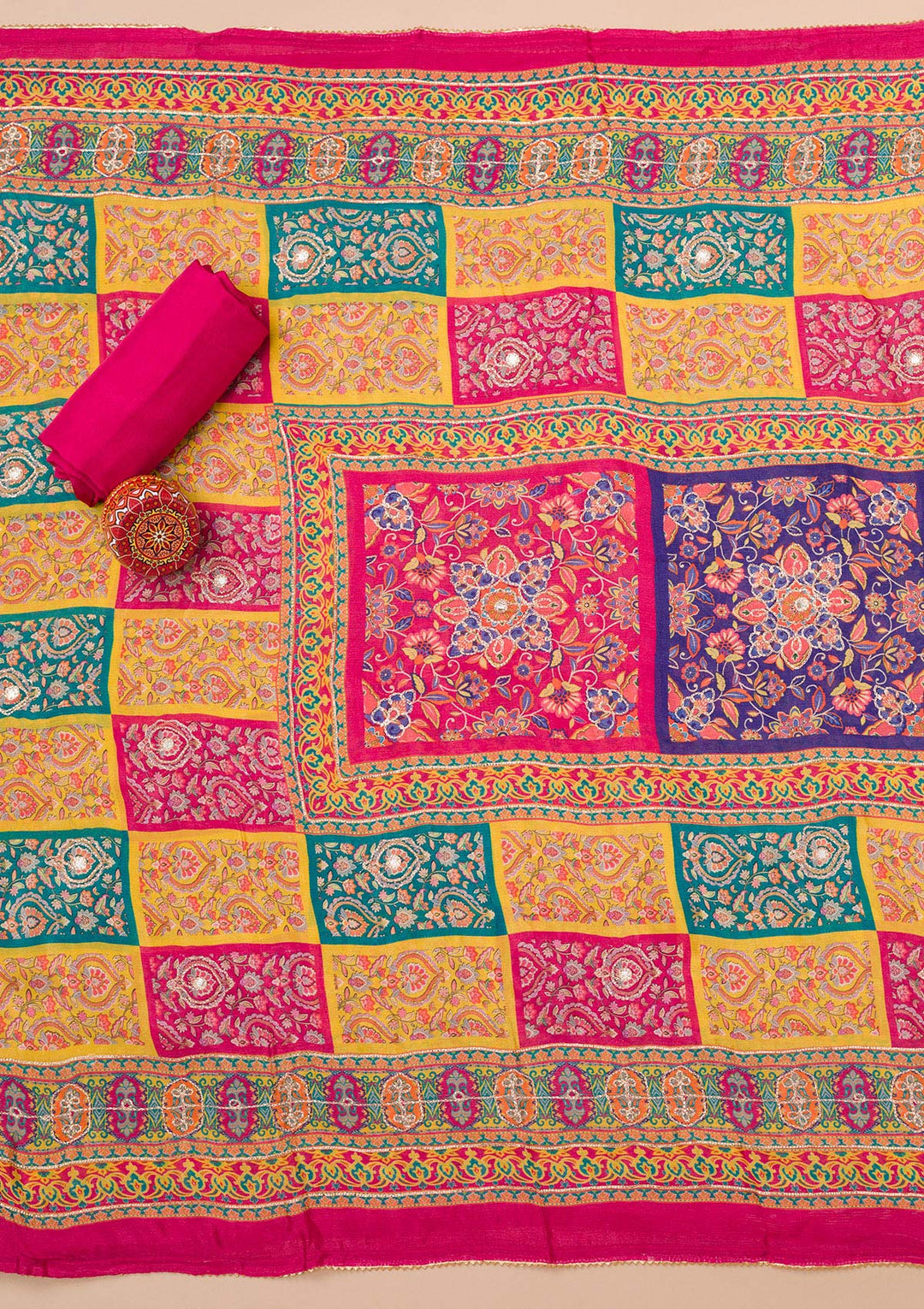 Rani Pink Zariwork Semi Crepe Unstitched Salwar Suit-Koskii
