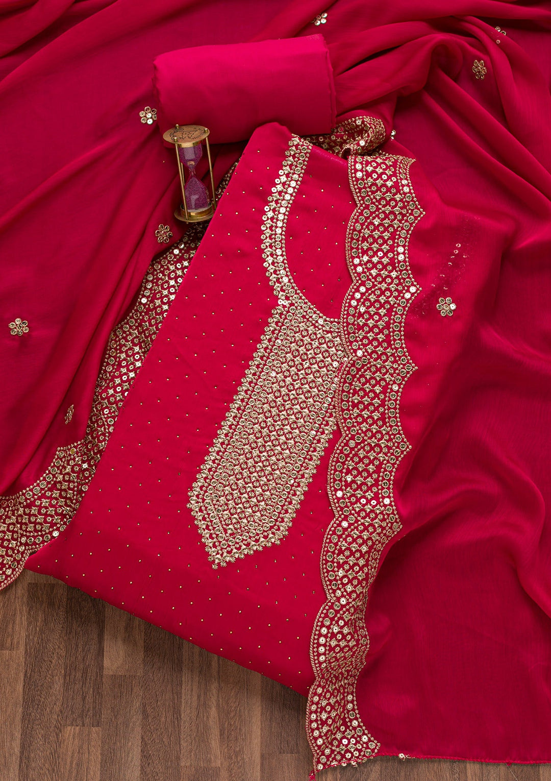 Rani Pink Zariwork Semi Crepe Unstitched Salwar Suit-Koskii