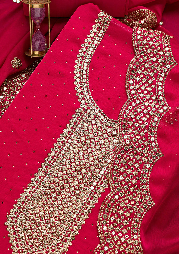 Rani Pink Zariwork Semi Crepe Unstitched Salwar Suit-Koskii