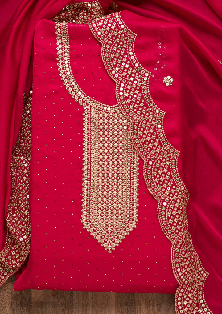 Rani Pink Zariwork Semi Crepe Unstitched Salwar Suit-Koskii