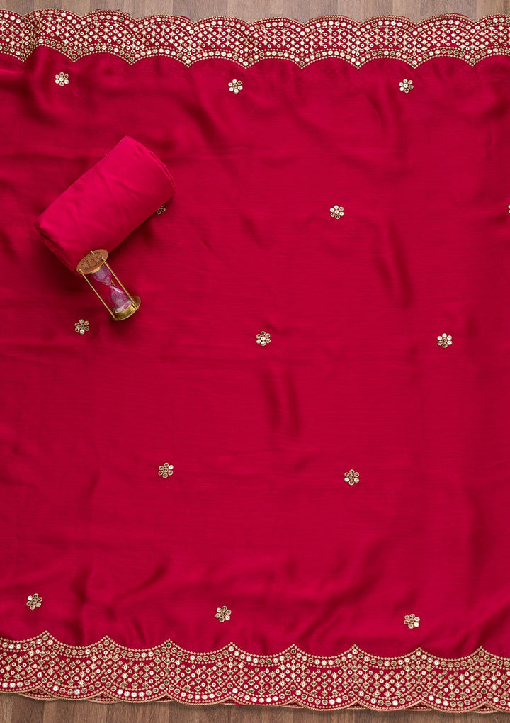 Rani Pink Zariwork Semi Crepe Unstitched Salwar Suit-Koskii