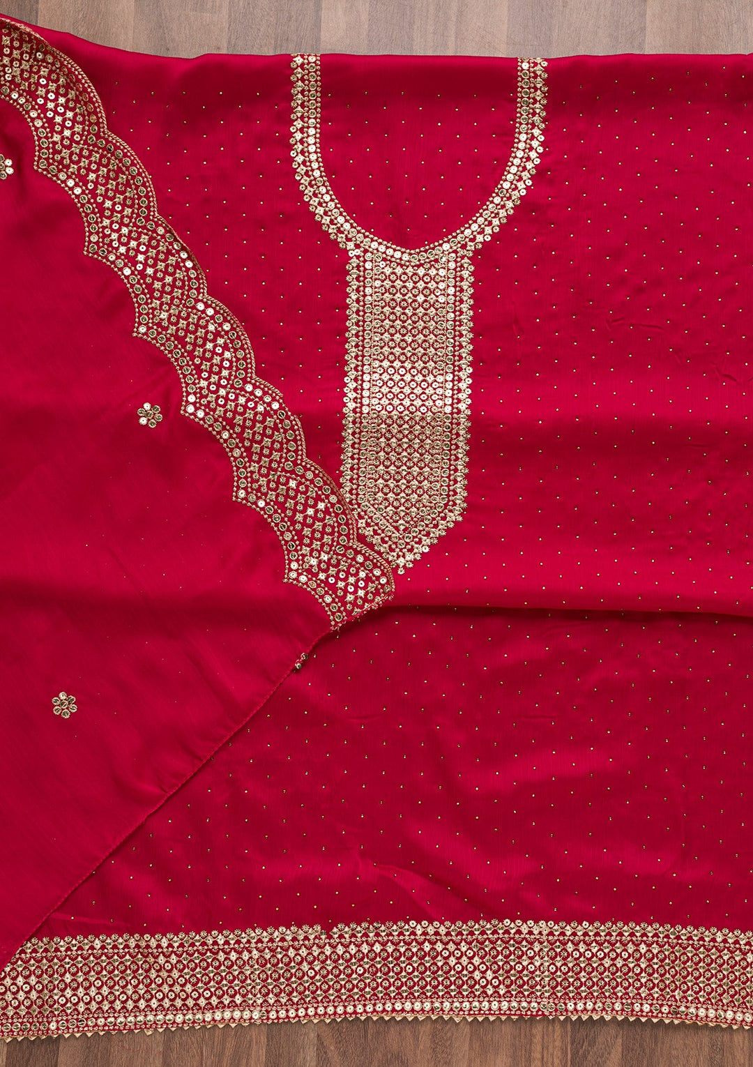 Rani Pink Zariwork Semi Crepe Unstitched Salwar Suit-Koskii