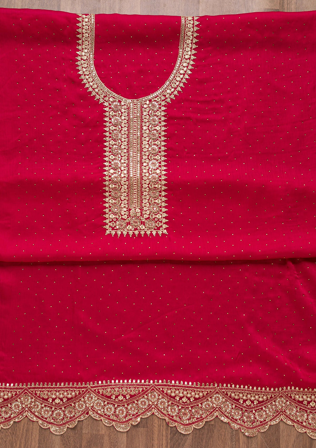 Rani Pink Zariwork Semi Crepe Unstitched Salwar Suit-Koskii