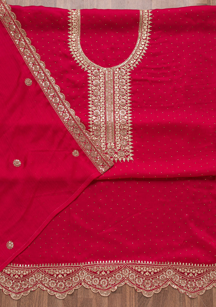 Rani Pink Zariwork Semi Crepe Unstitched Salwar Suit-Koskii