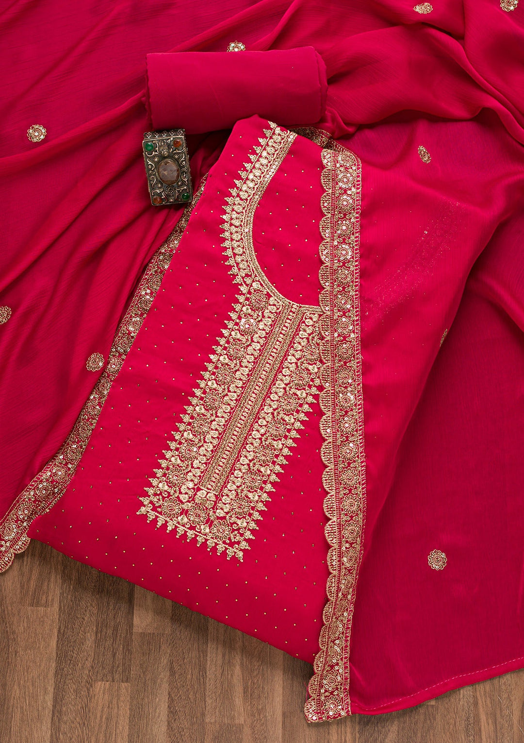 Rani Pink Zariwork Semi Crepe Unstitched Salwar Suit-Koskii