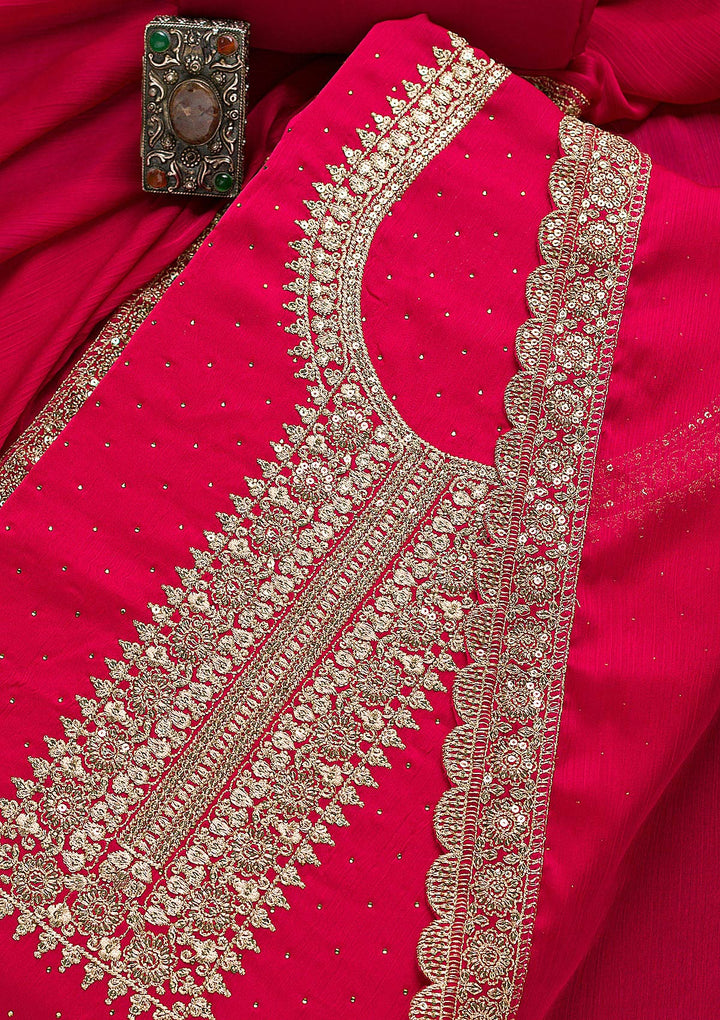 Rani Pink Zariwork Semi Crepe Unstitched Salwar Suit-Koskii