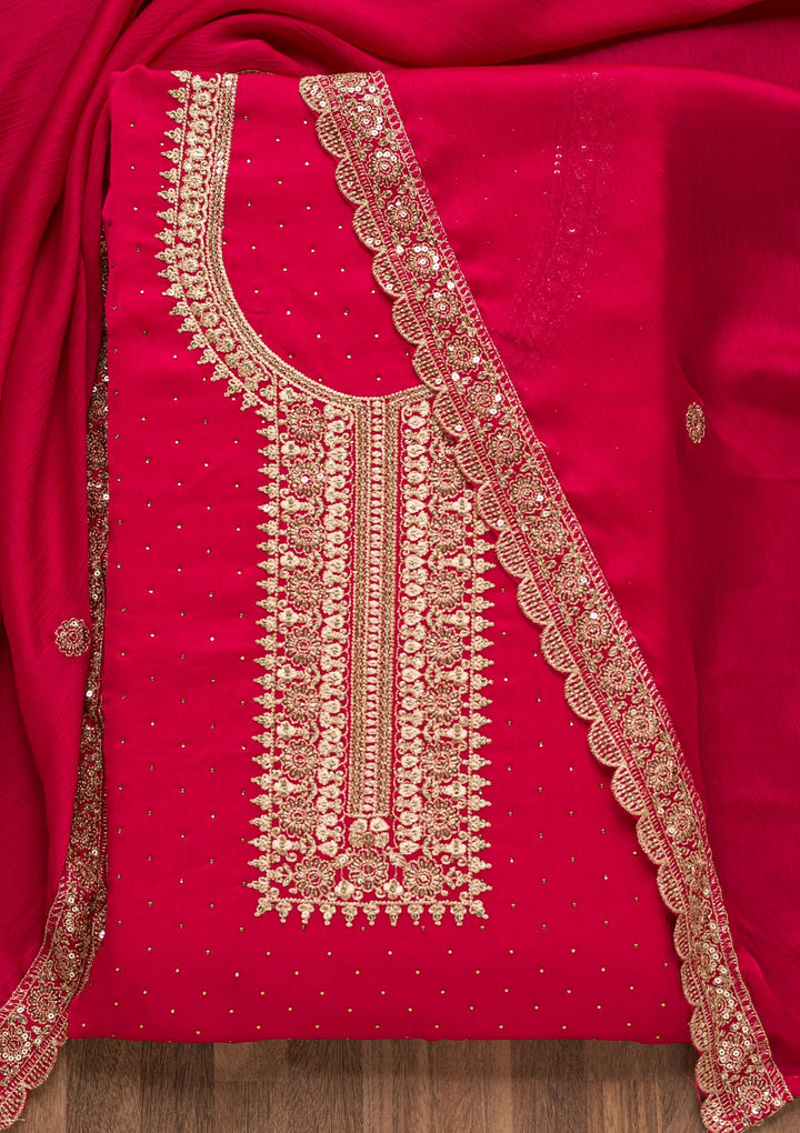 Rani Pink Zariwork Semi Crepe Unstitched Salwar Suit-Koskii