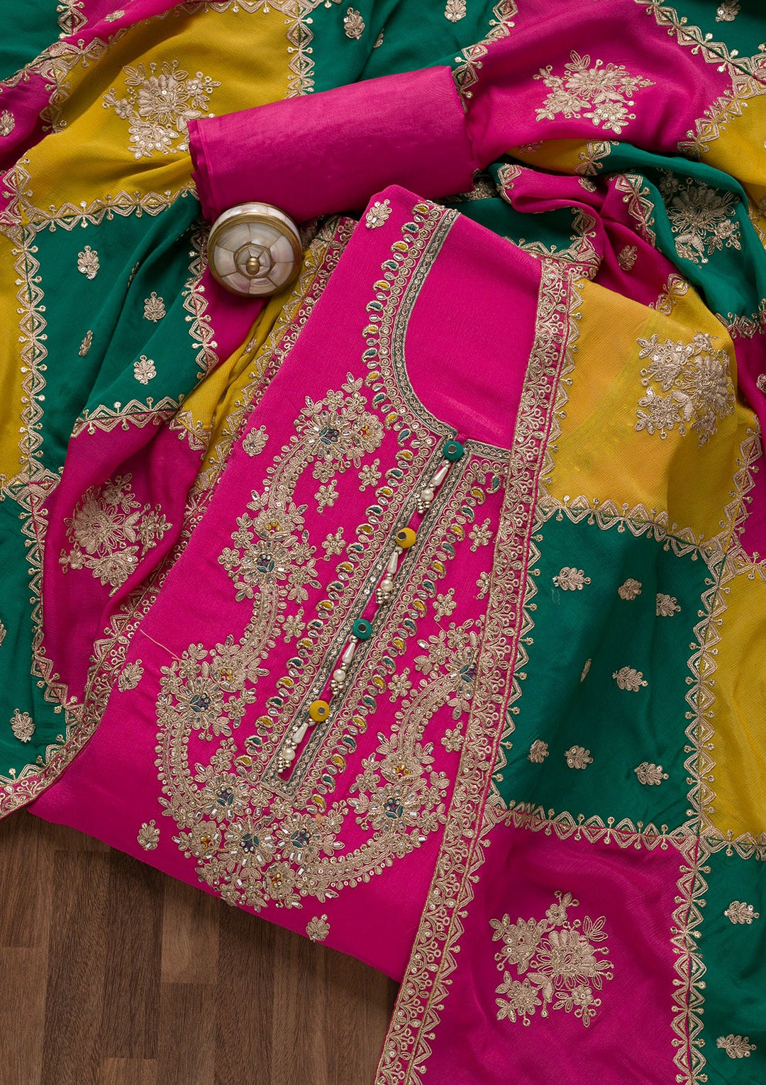 Rani Pink Zariwork Semi Crepe Unstitched Salwar Suit-Koskii