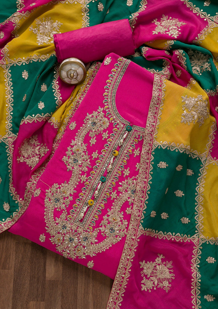 Rani Pink Zariwork Semi Crepe Unstitched Salwar Suit-Koskii