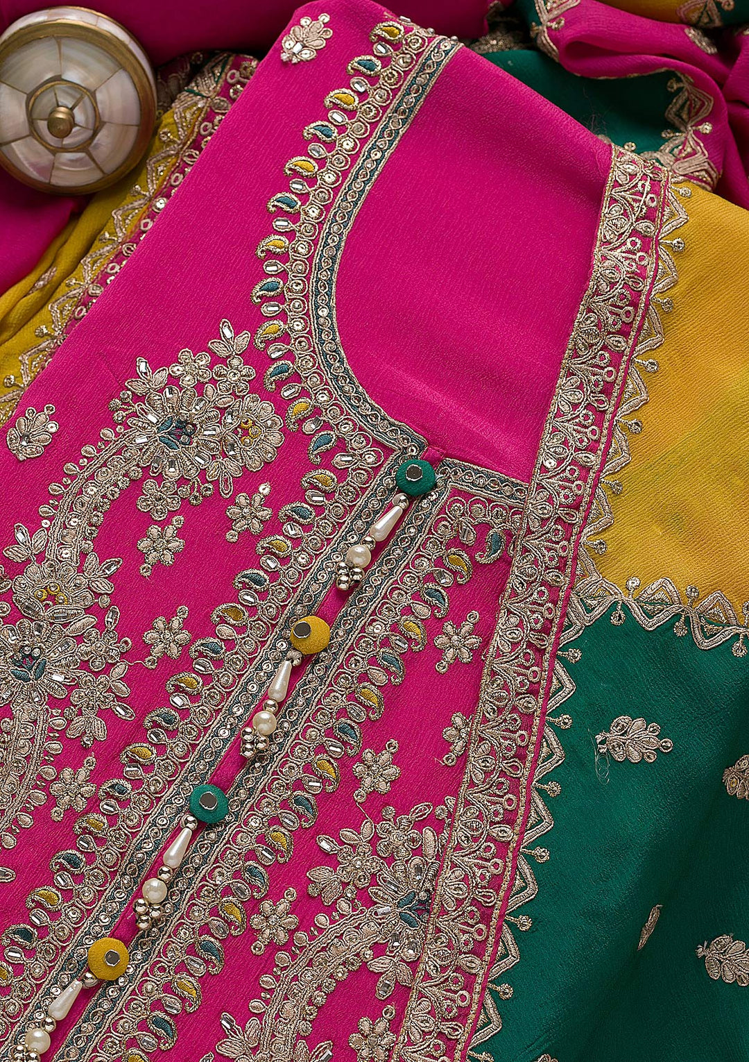Rani Pink Zariwork Semi Crepe Unstitched Salwar Suit-Koskii