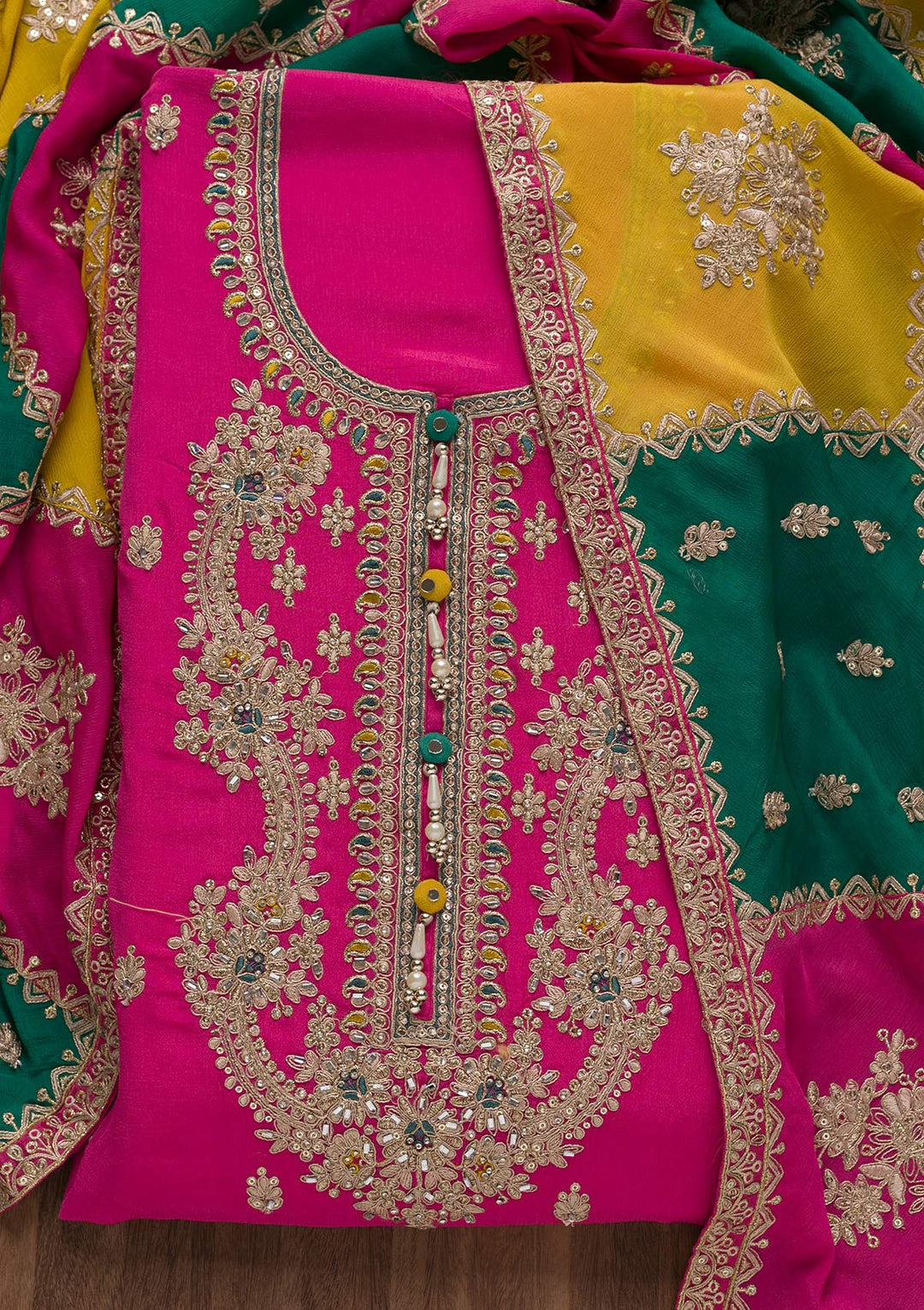 Rani Pink Zariwork Semi Crepe Unstitched Salwar Suit-Koskii