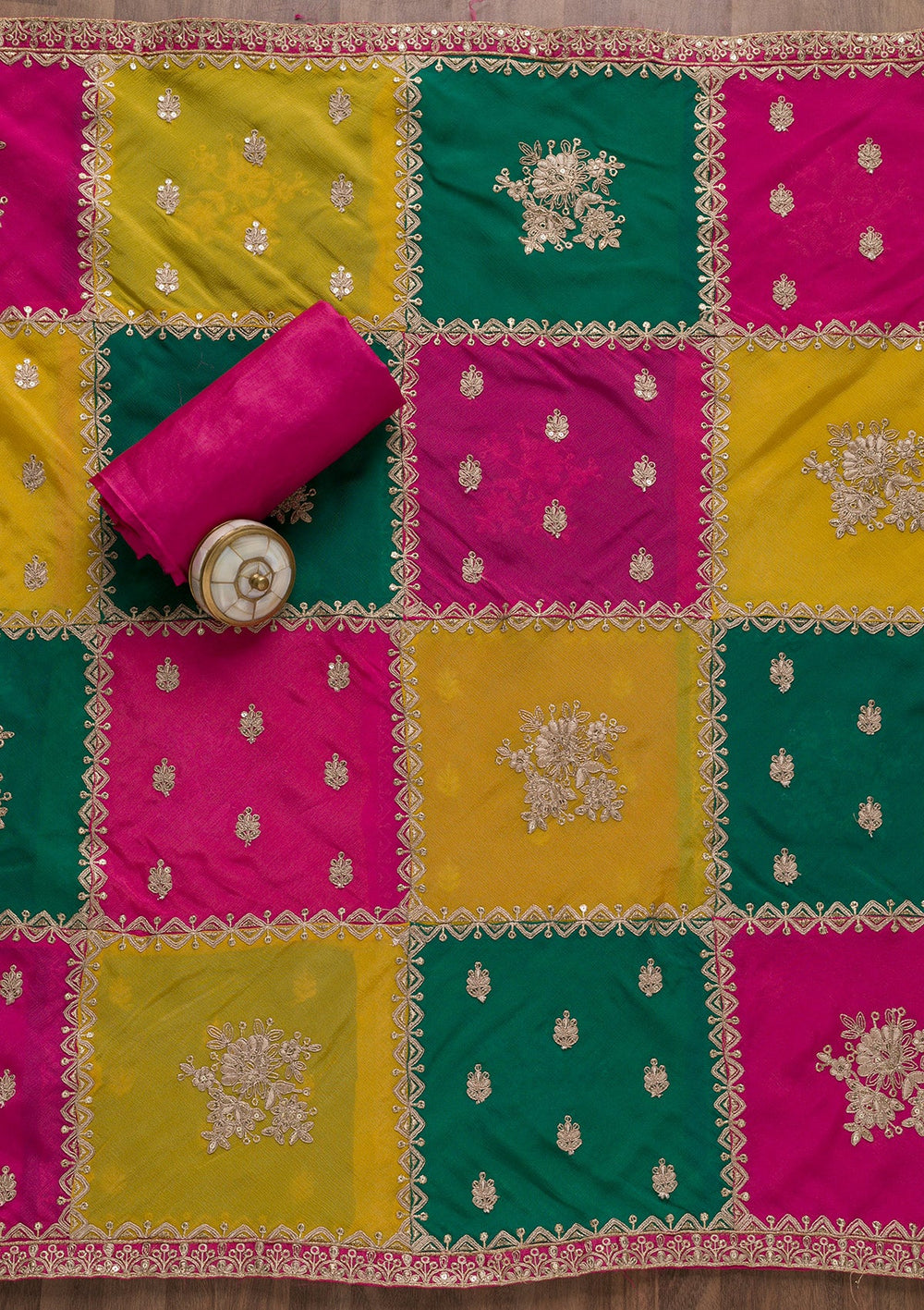 Rani Pink Zariwork Semi Crepe Unstitched Salwar Suit-Koskii