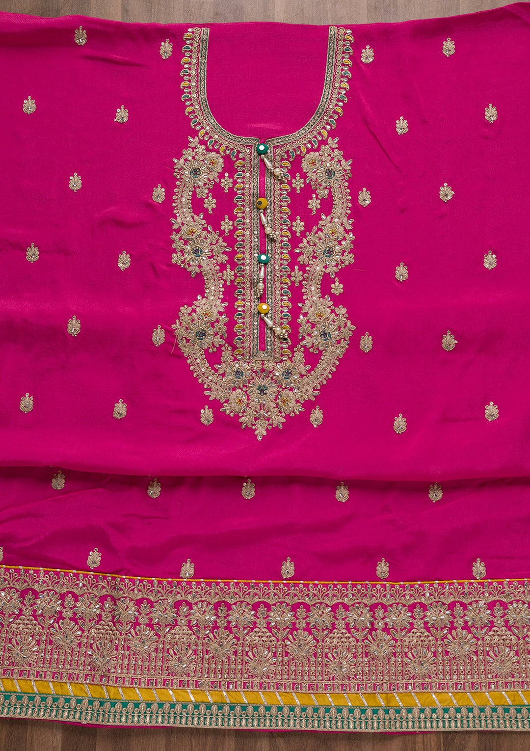 Rani Pink Zariwork Semi Crepe Unstitched Salwar Suit-Koskii