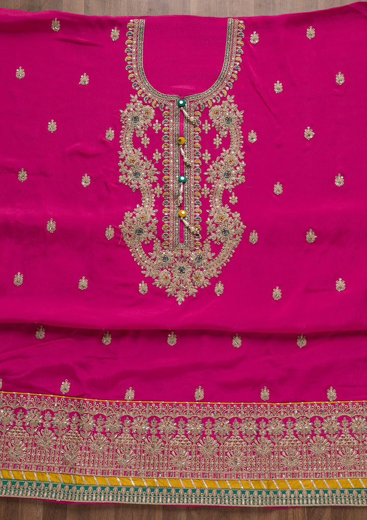 Rani Pink Zariwork Semi Crepe Unstitched Salwar Suit-Koskii