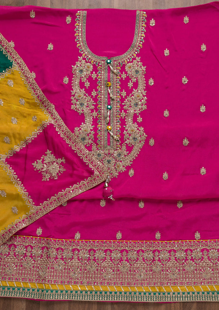 Rani Pink Zariwork Semi Crepe Unstitched Salwar Suit-Koskii