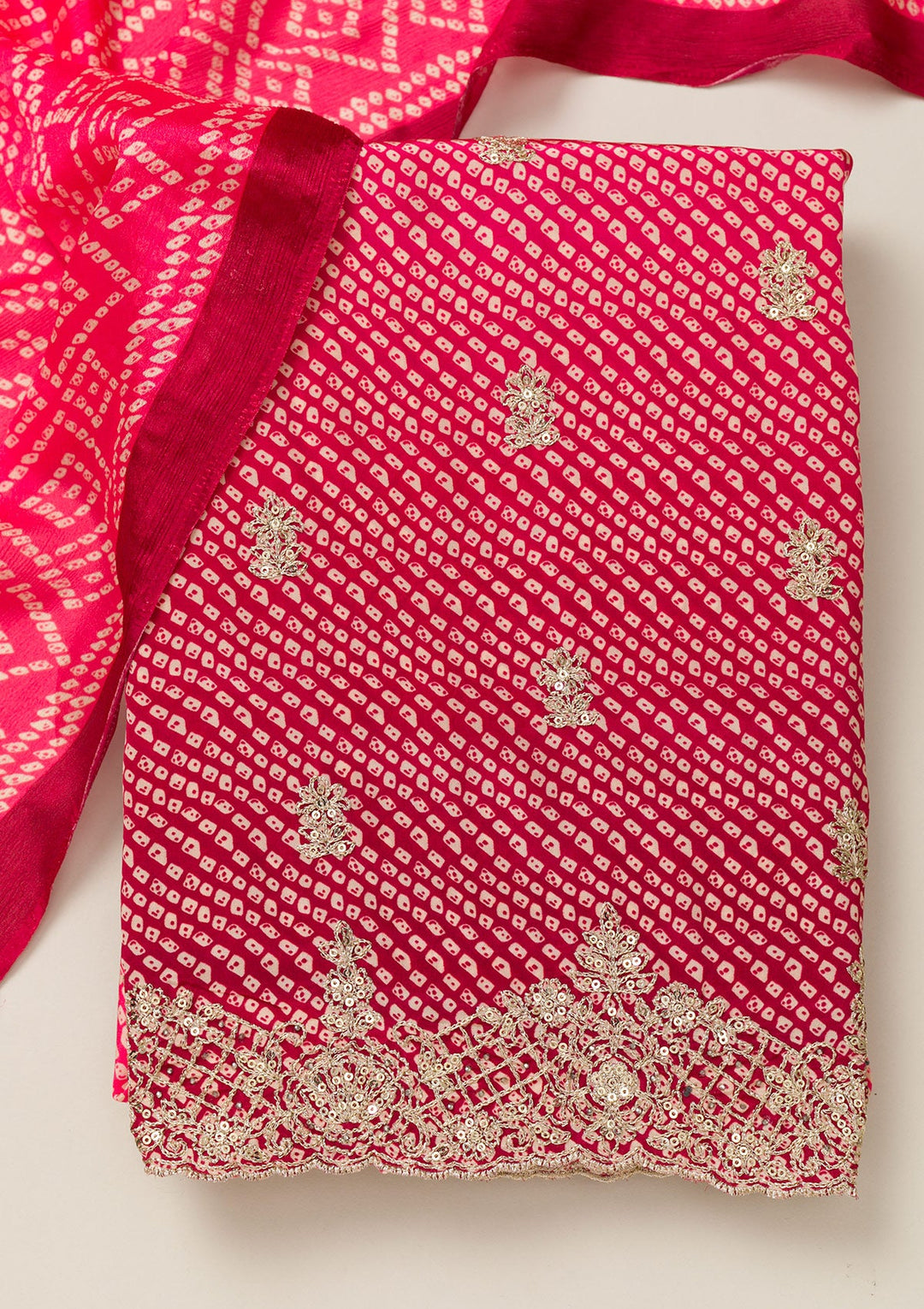 Rani Pink Zariwork Semi Crepe Unstitched Salwar Suit-Koskii