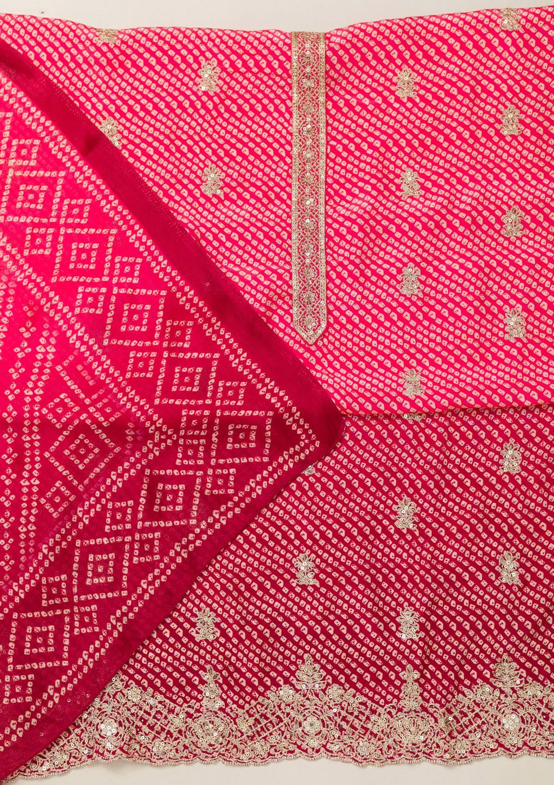 Rani Pink Zariwork Semi Crepe Unstitched Salwar Suit-Koskii