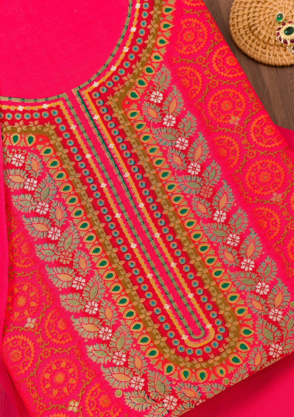 Rani Pink Zariwork Semi Crepe Unstitched Salwar Suit-Koskii