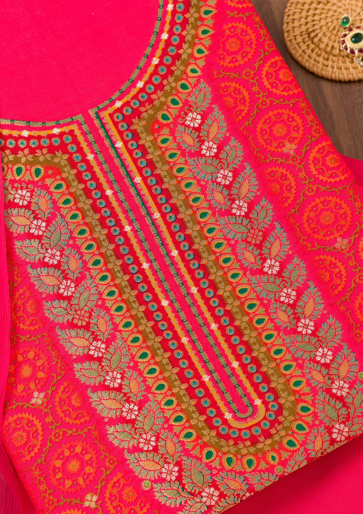 Rani Pink Zariwork Semi Crepe Unstitched Salwar Suit-Koskii
