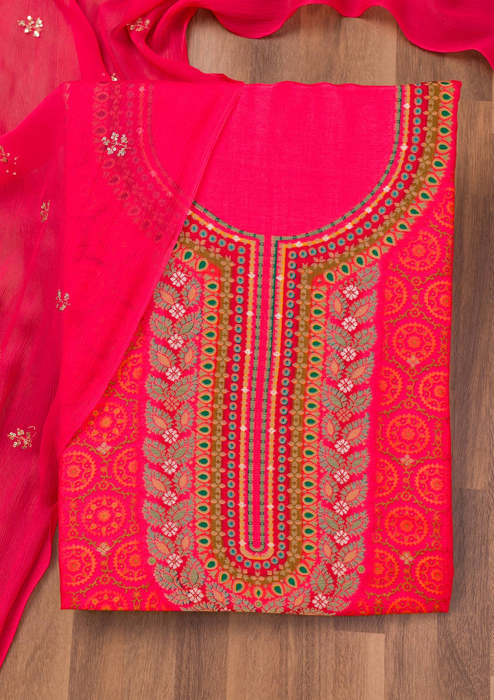 Rani Pink Zariwork Semi Crepe Unstitched Salwar Suit-Koskii
