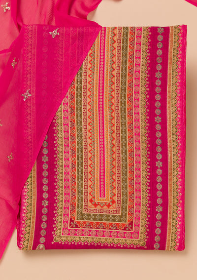 Rani Pink Zariwork Semi Crepe Unstitched Salwar Suit