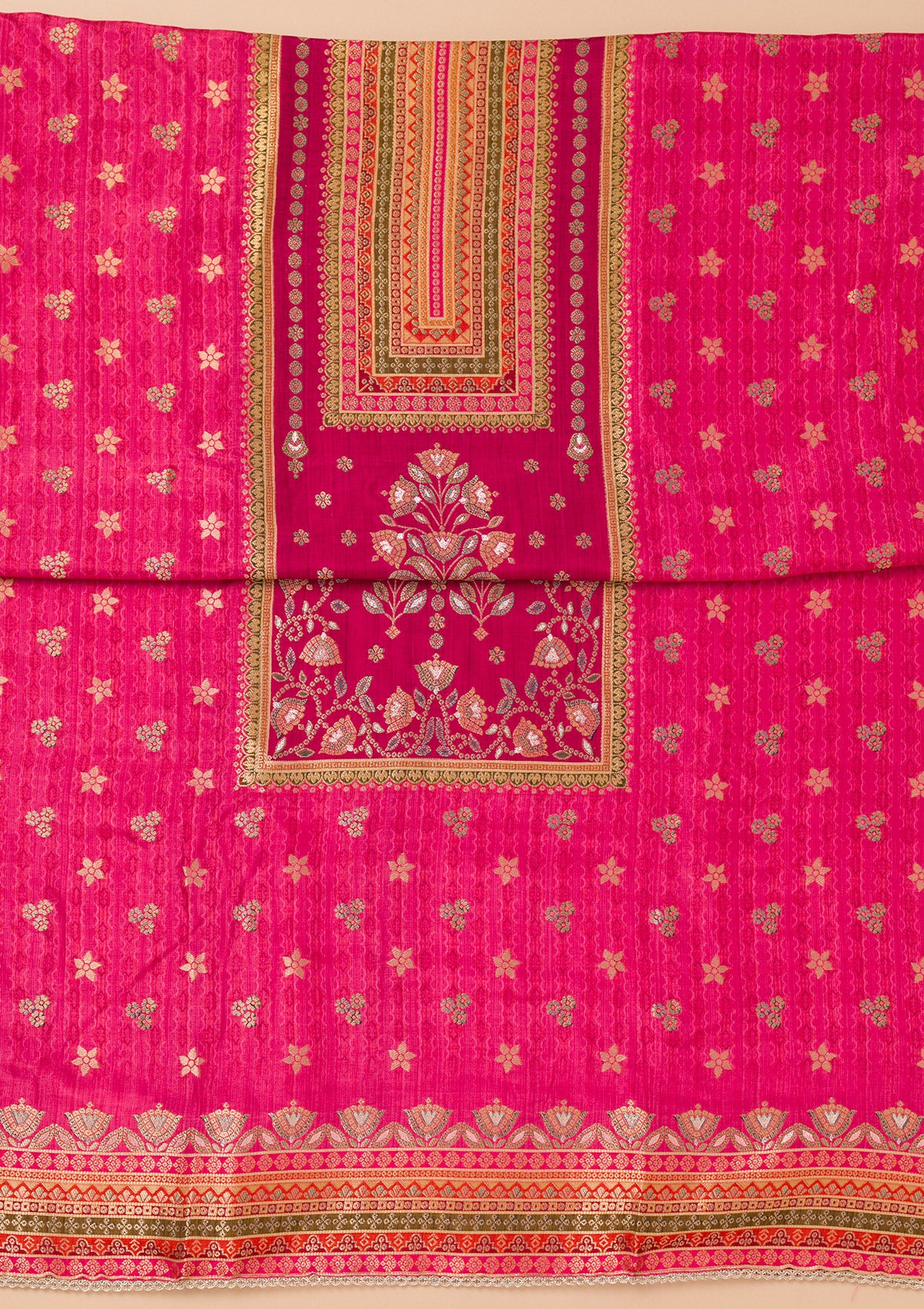 Rani Pink Zariwork Semi Crepe Unstitched Salwar Suit