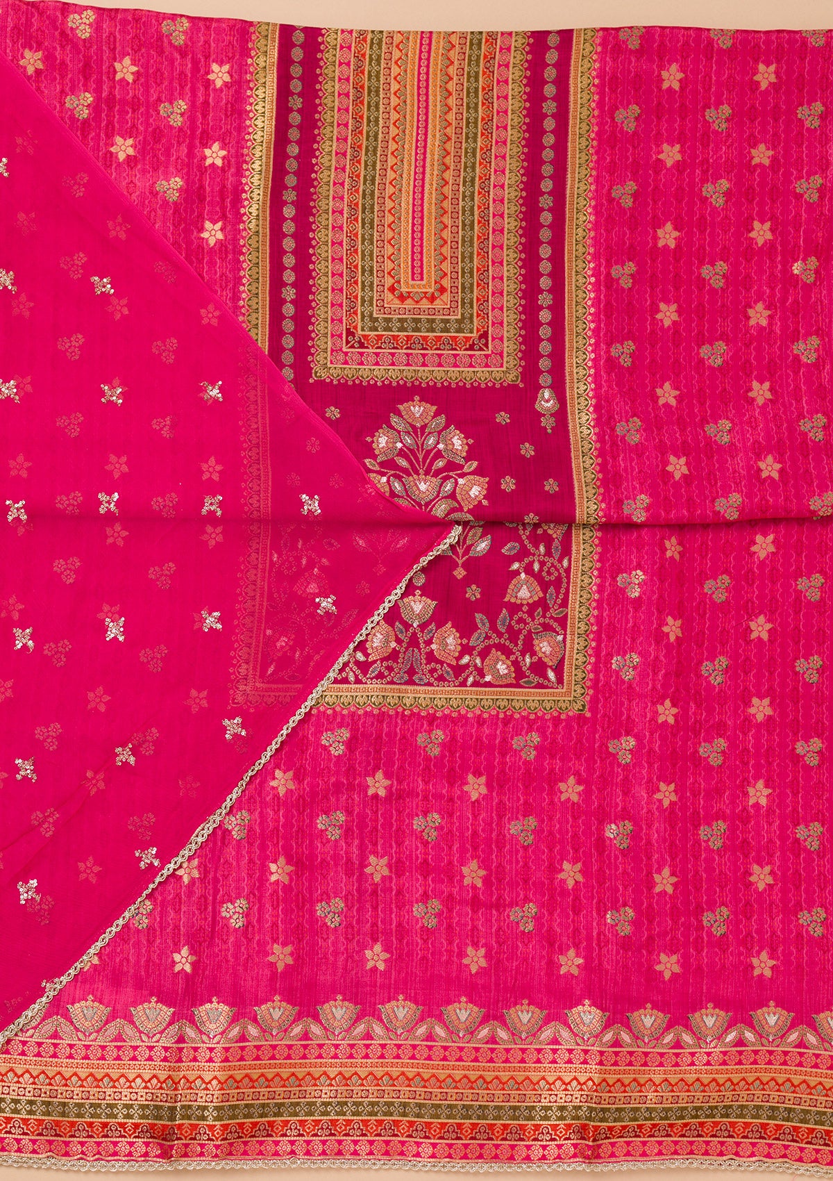 Rani Pink Zariwork Semi Crepe Unstitched Salwar Suit