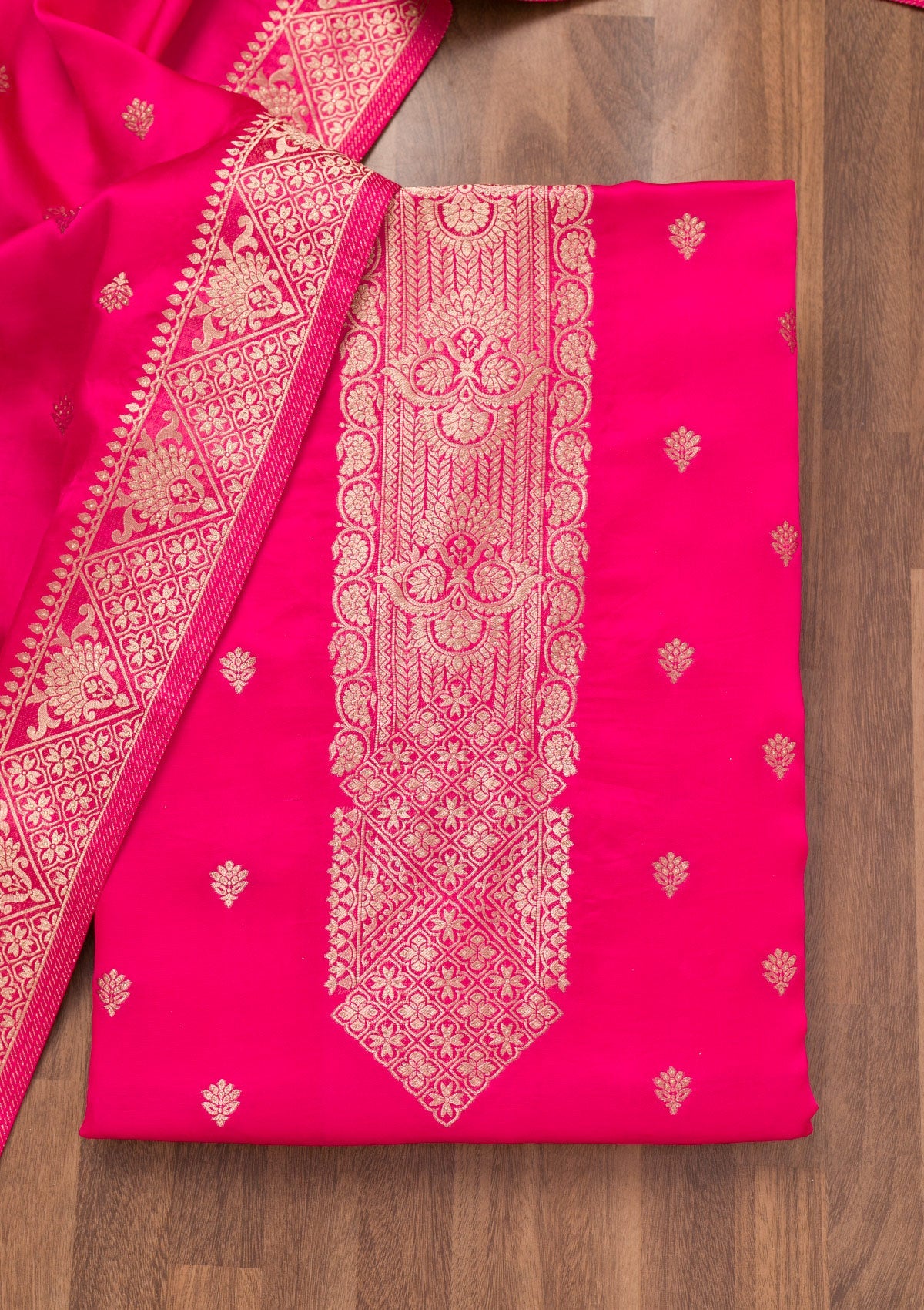 Rani Pink Zariwork Semi Crepe Unstitched Salwar Suit-Koskii