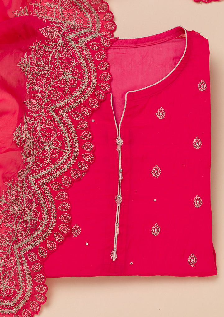 Rani Pink Zariwork Semi Crepe Unstitched Salwar Suit-Koskii