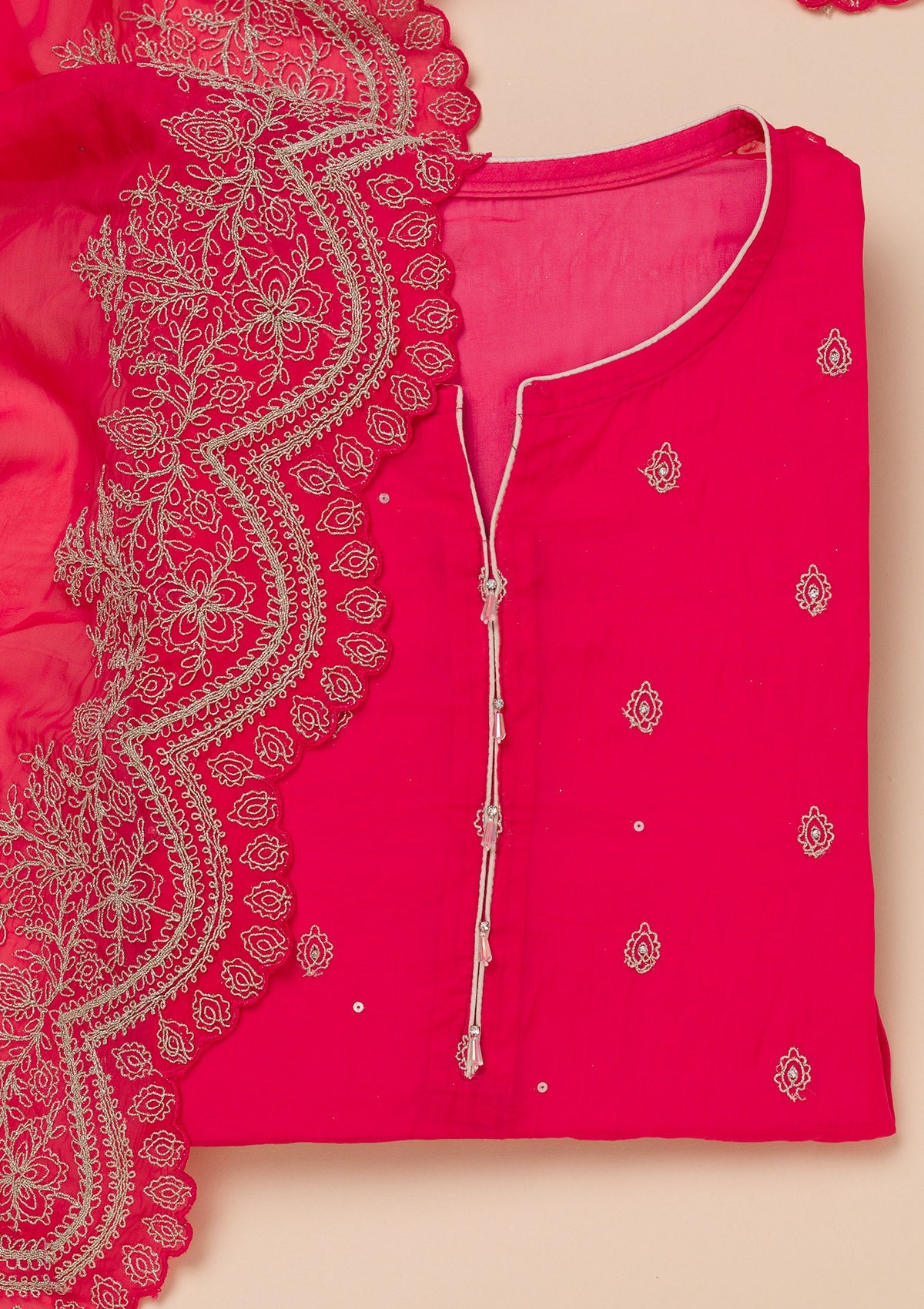 Rani Pink Zariwork Semi Crepe Unstitched Salwar Suit-Koskii