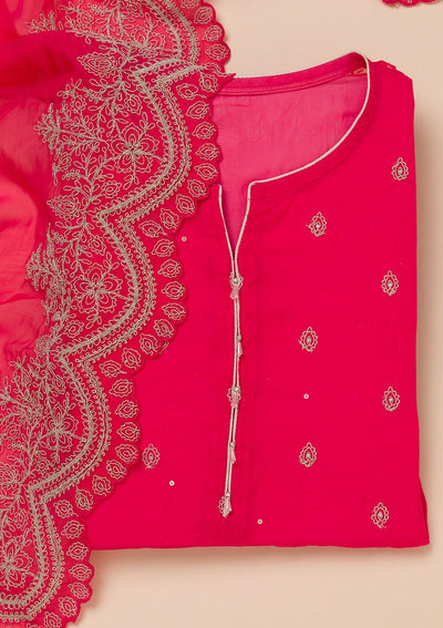 Rani Pink Zariwork Semi Crepe Unstitched Salwar Suit-Koskii