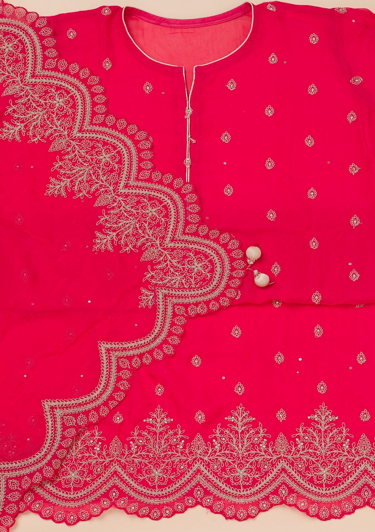 Rani Pink Zariwork Semi Crepe Unstitched Salwar Suit-Koskii