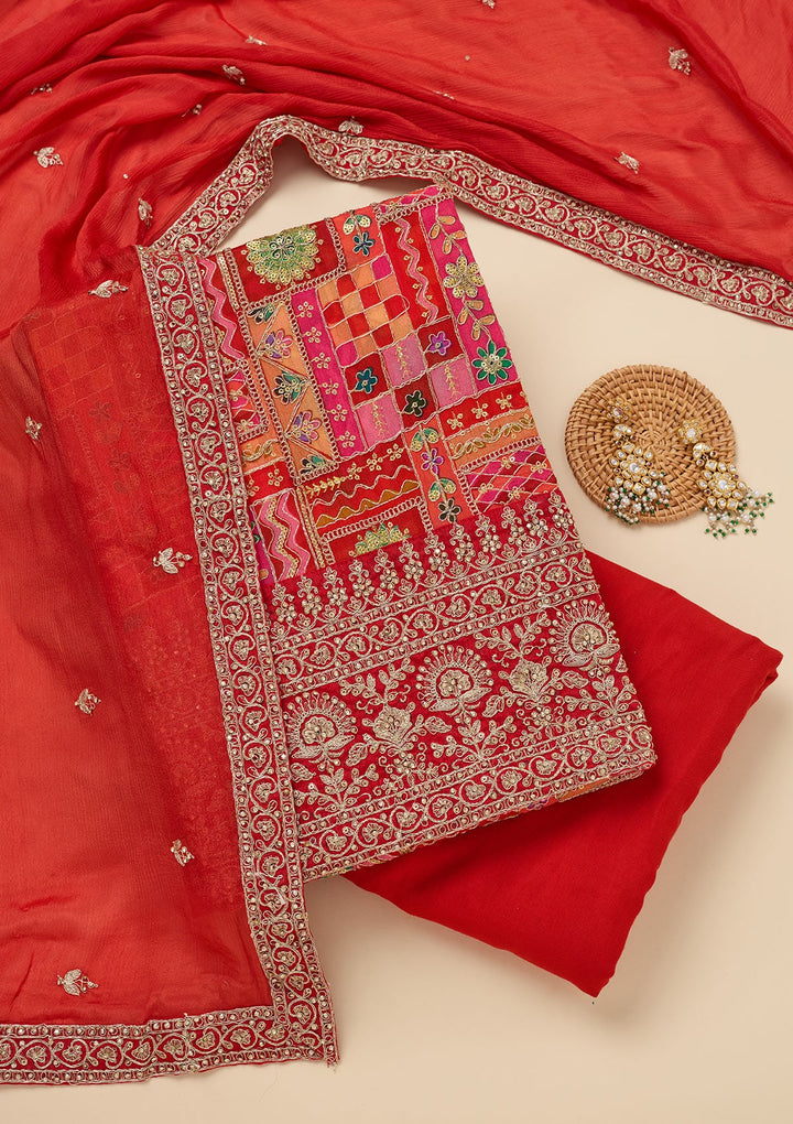 Rani Pink Zariwork Semi Crepe Unstitched Salwar Suit-Koskii