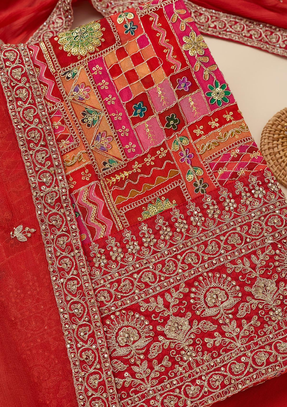 Rani Pink Zariwork Semi Crepe Unstitched Salwar Suit-Koskii