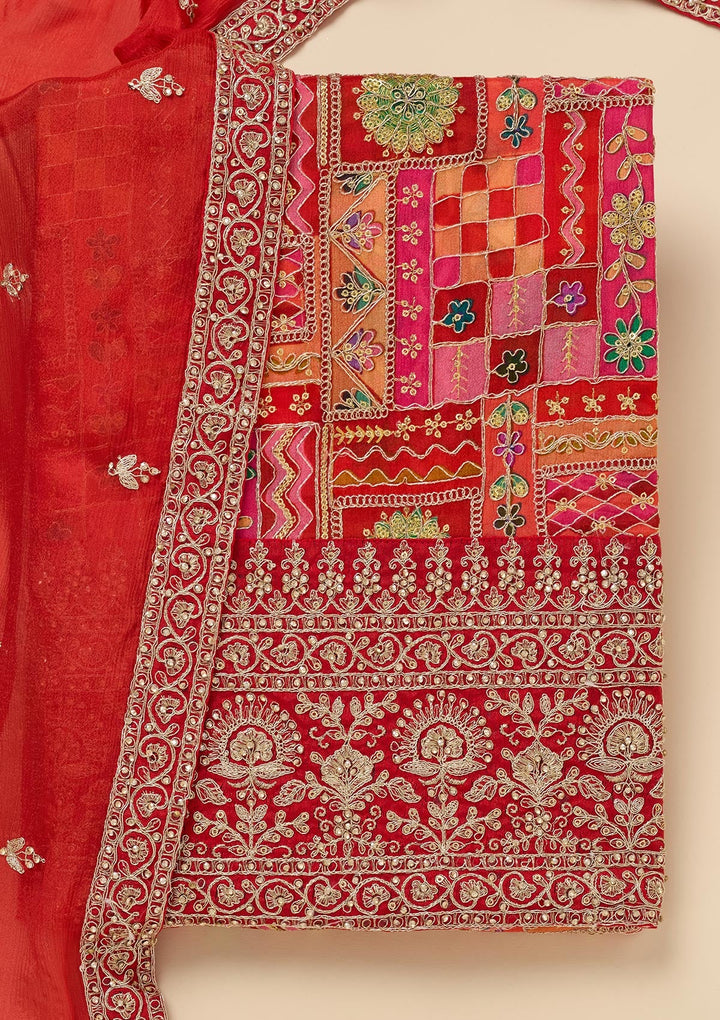 Rani Pink Zariwork Semi Crepe Unstitched Salwar Suit-Koskii