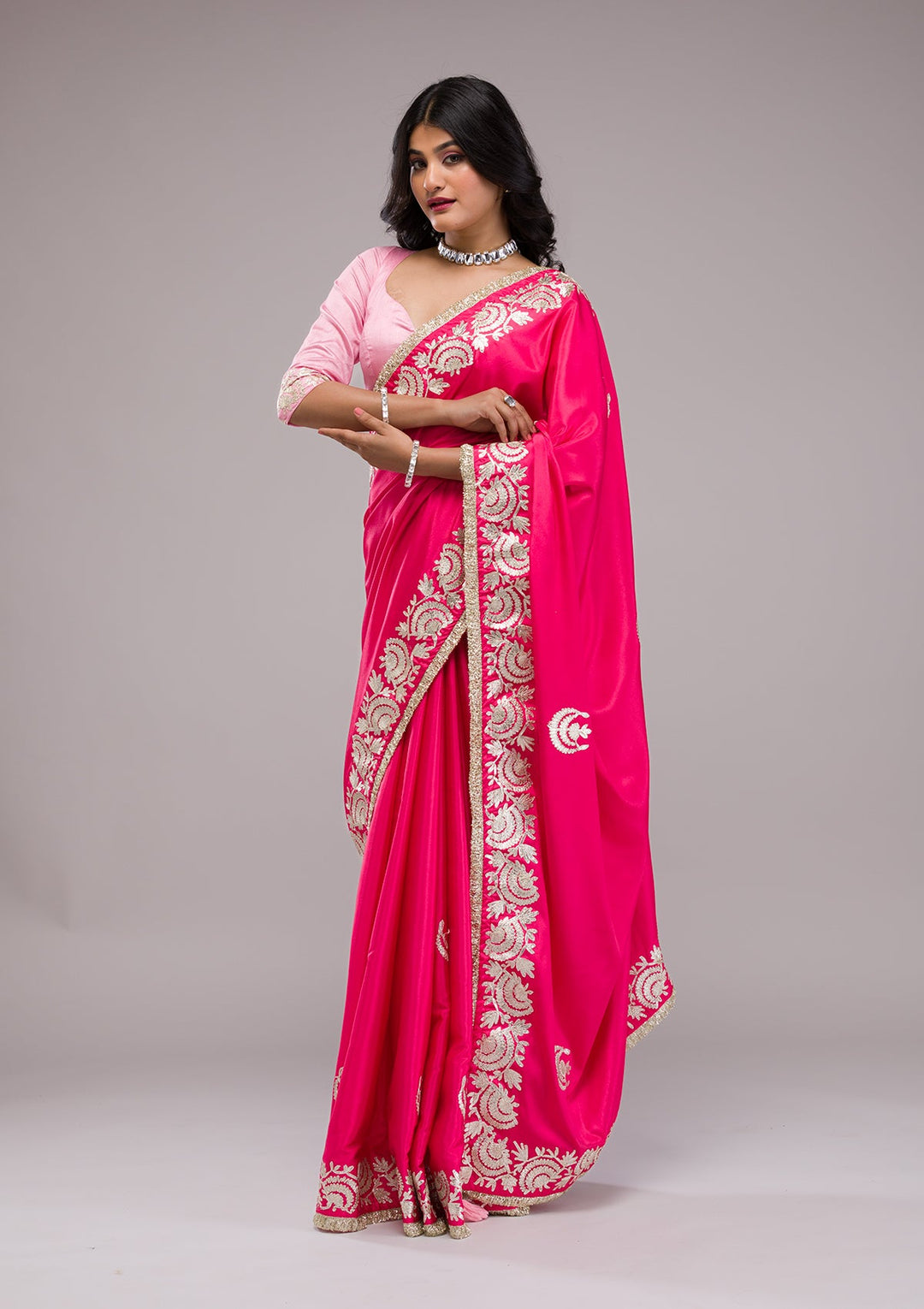 Rani Pink Zariwork Semi Crepe Saree-Koskii