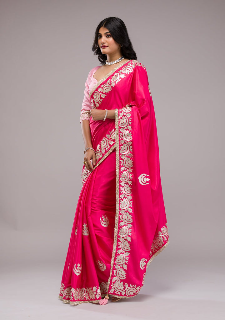 Rani Pink Zariwork Semi Crepe Saree-Koskii