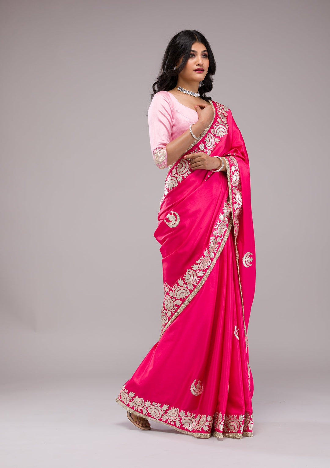 Rani Pink Zariwork Semi Crepe Saree-Koskii