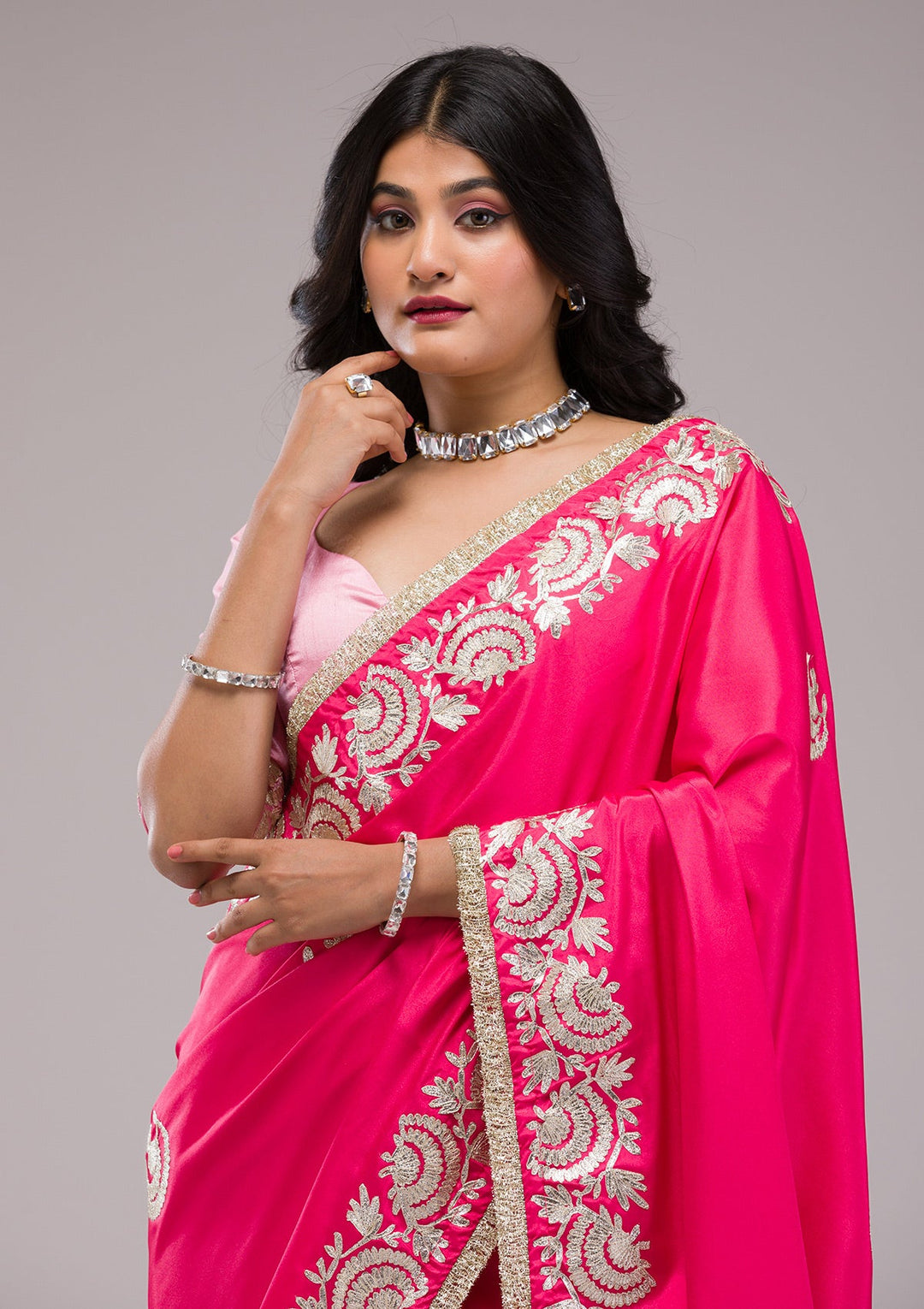 Rani Pink Zariwork Semi Crepe Saree-Koskii