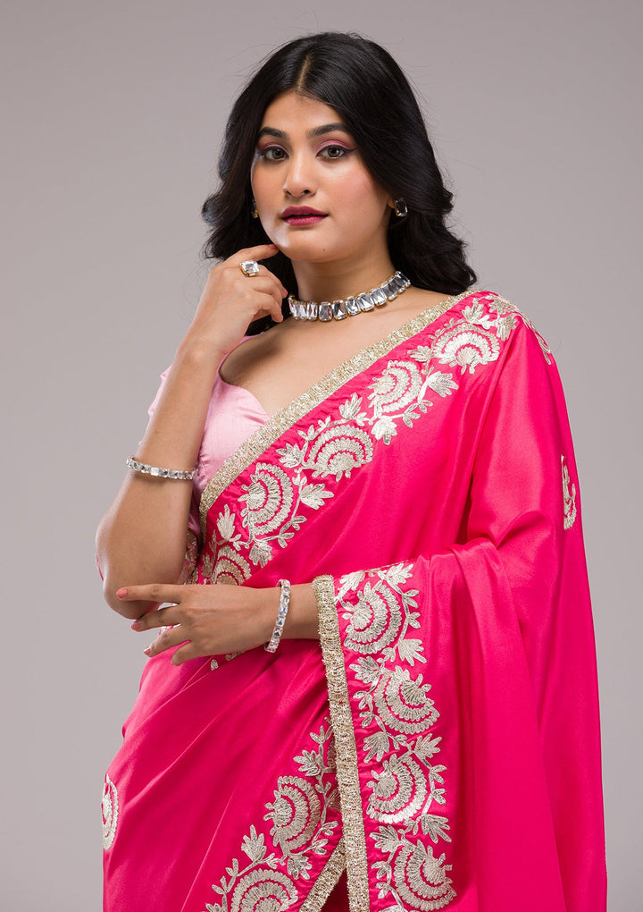 Rani Pink Zariwork Semi Crepe Saree-Koskii