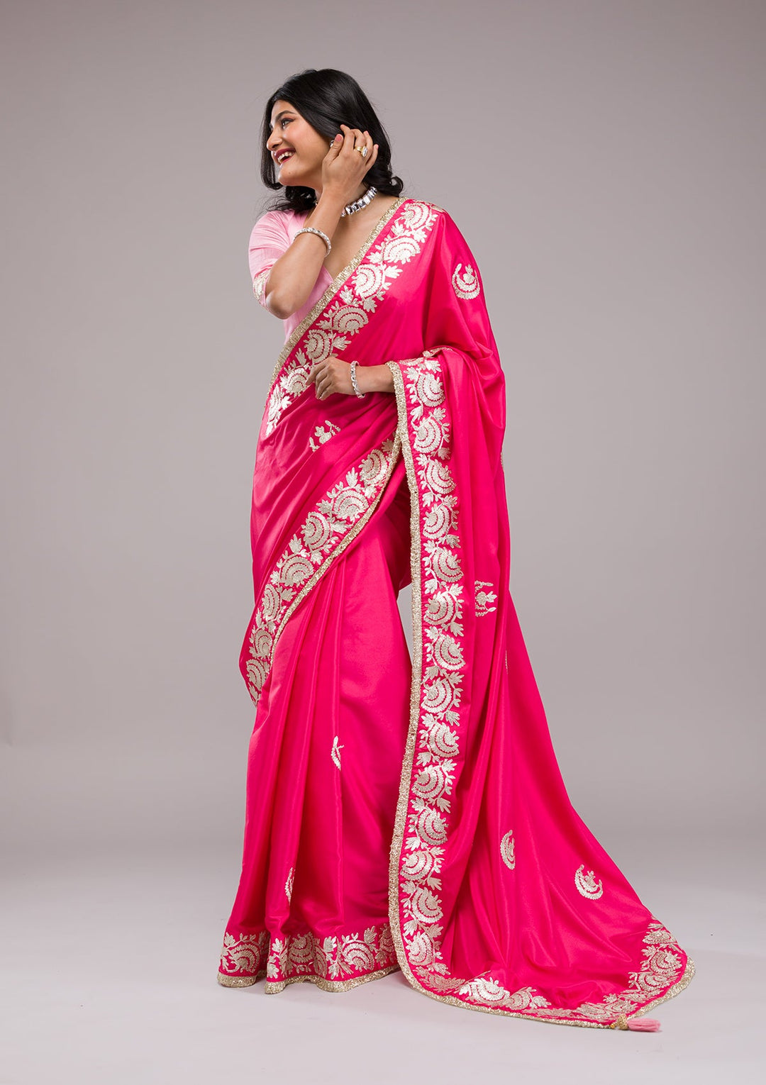 Rani Pink Zariwork Semi Crepe Saree-Koskii