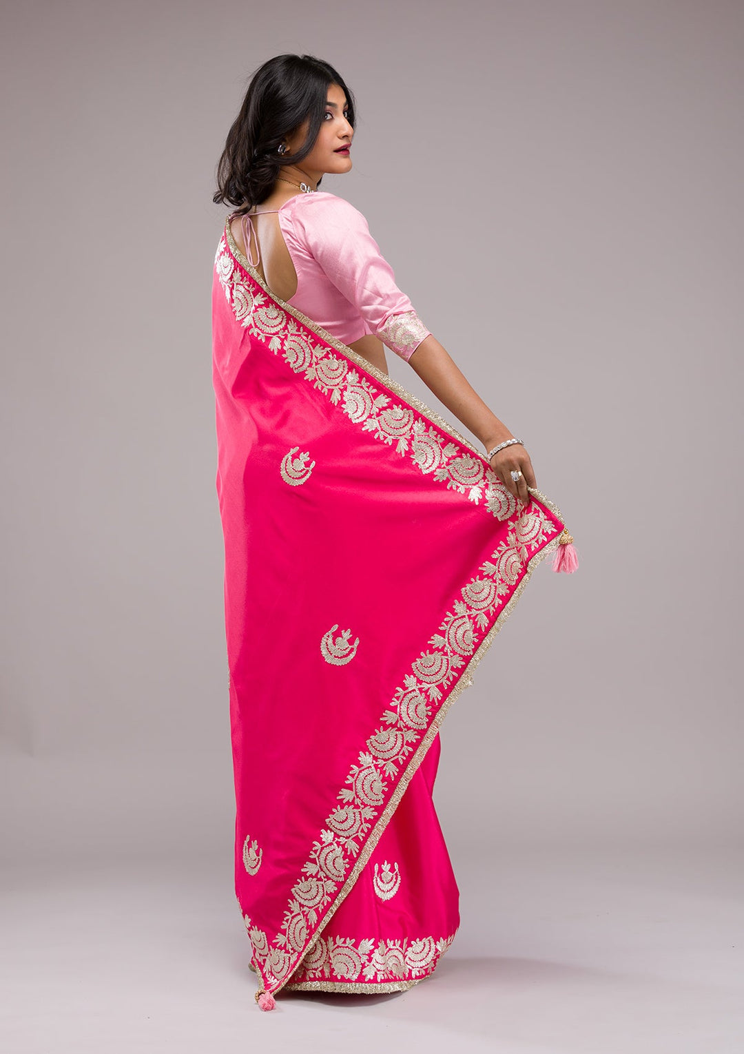 Rani Pink Zariwork Semi Crepe Saree-Koskii