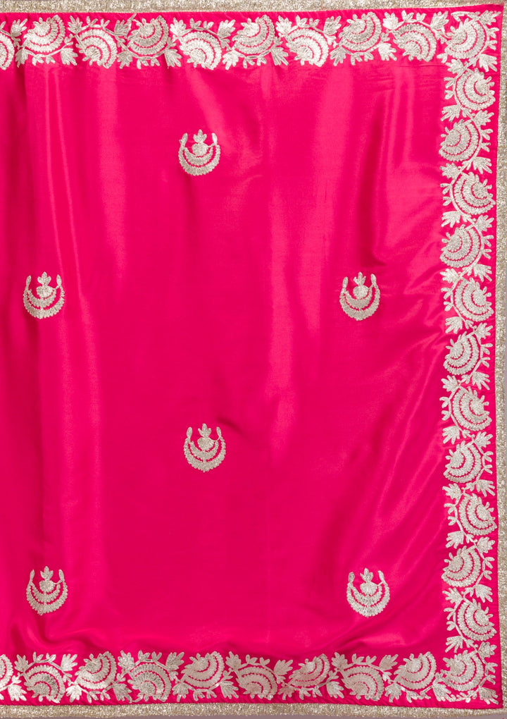 Rani Pink Zariwork Semi Crepe Saree-Koskii