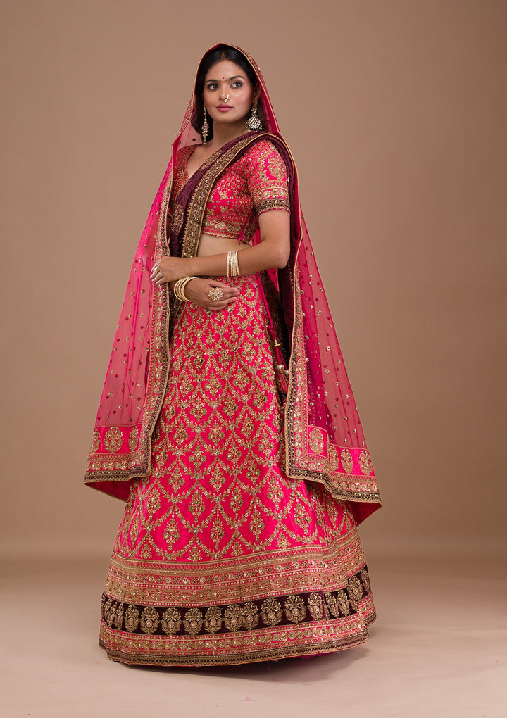 Rani Pink Zariwork Silk Readymade Lehenga-Koskii
