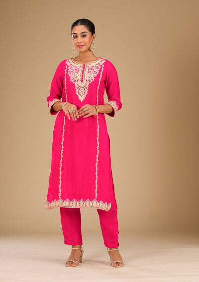 Rani Pink Zariwork Silk Readymade Salwar Suit-Koskii